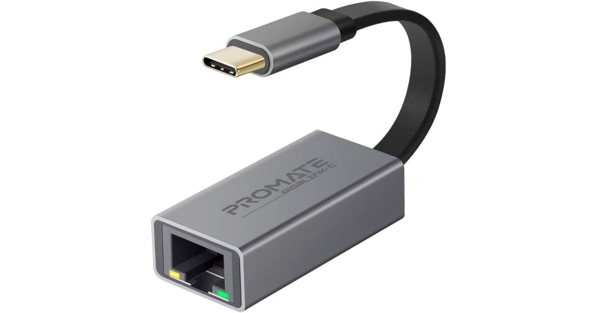 Promate GigaLink-C USB-C Adapter Premium Aluminium Alloy Full-Speed USB Type-C to 10/100/1000Mbps RJ45 Gigabit Ethernet