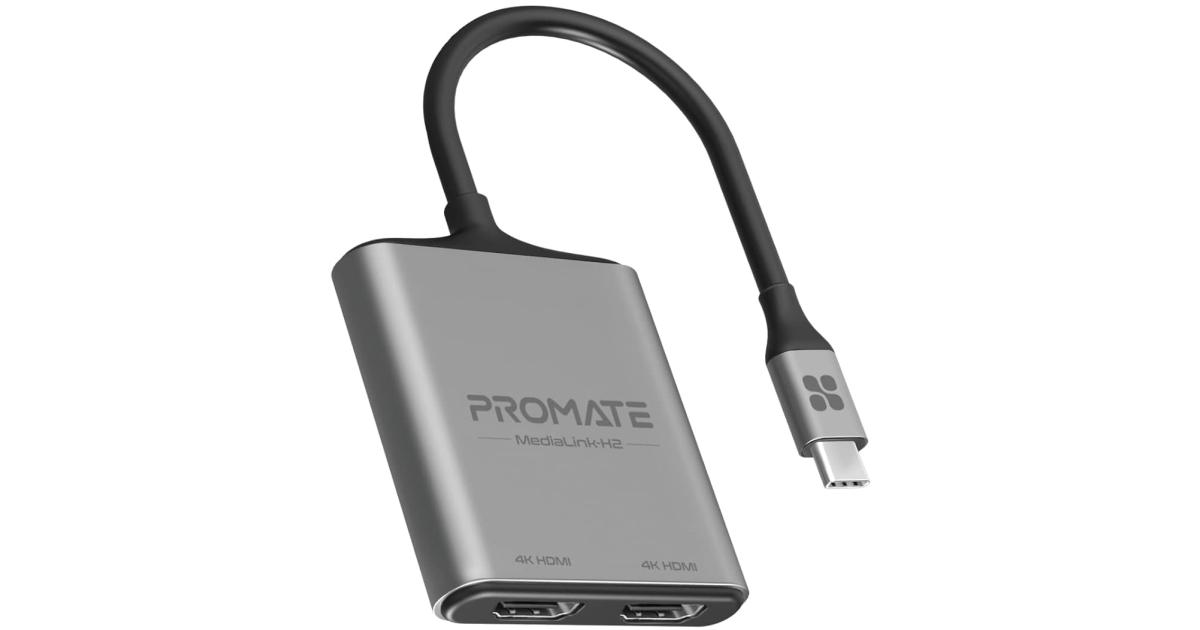 Promate MediaLink-H2 USB-C to Dual HDMI Adapter 4K HDR Thunderbolt 4 For MacBook Air/Pro, iPad Pro, Surface , Galaxy, Chromebook