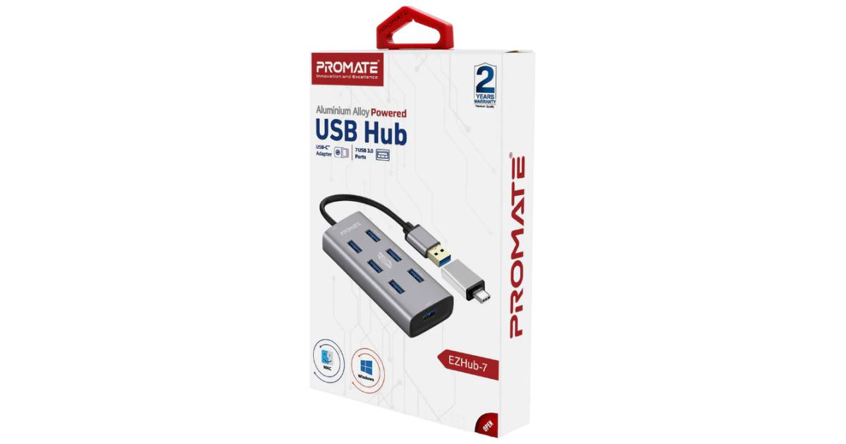 Promate EzHub-7 7 In 1 Aluminium Alloy Powered USB Hub 7 USB 3.0 Ports USB-C Adaptor 5Gbps Transfer Rate Data & Charge