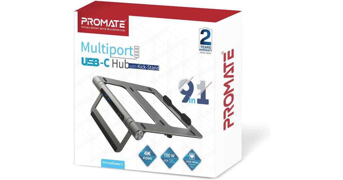 Promate Aluminum Laptop Stand 9-in-1 USB-C Hub Detachable 100W USB-C Power Delivery 4K HDMI Port 1Gbps Ethernet Port 2xUSB 3.0 Ports & MicroSD Slot