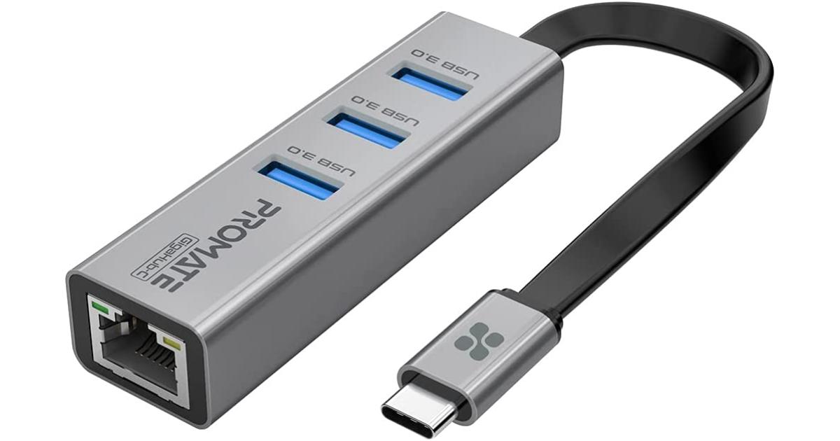 Promate GigaHub-C USB-C to Ethernet Adapter Hub Aluminum USB-C Hub to 10/100/1000Mbps Ethernet Port 5 Gbps Sync Charge 3x USB 3.0 Ports
