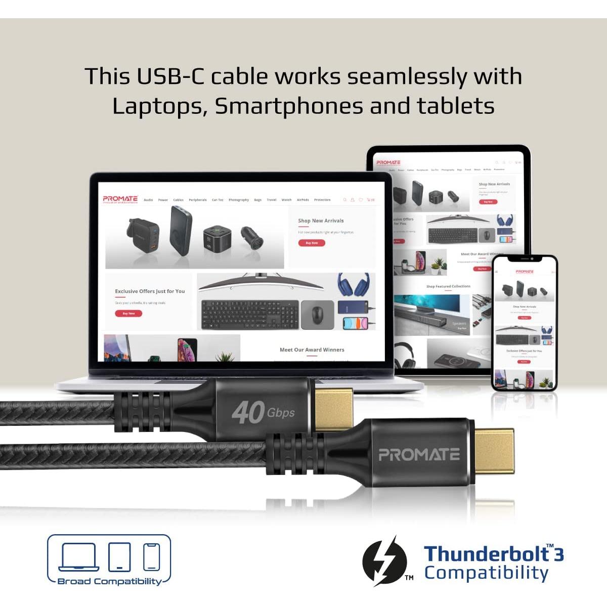 Promate PowerBolt240-1M Durable USB-C Cable Ultra-Fast 240W Power Delivery Thunderbolt 3 w/ 8K Display Nylon Braided 1M Cord & 40Gbps Transfer Speed