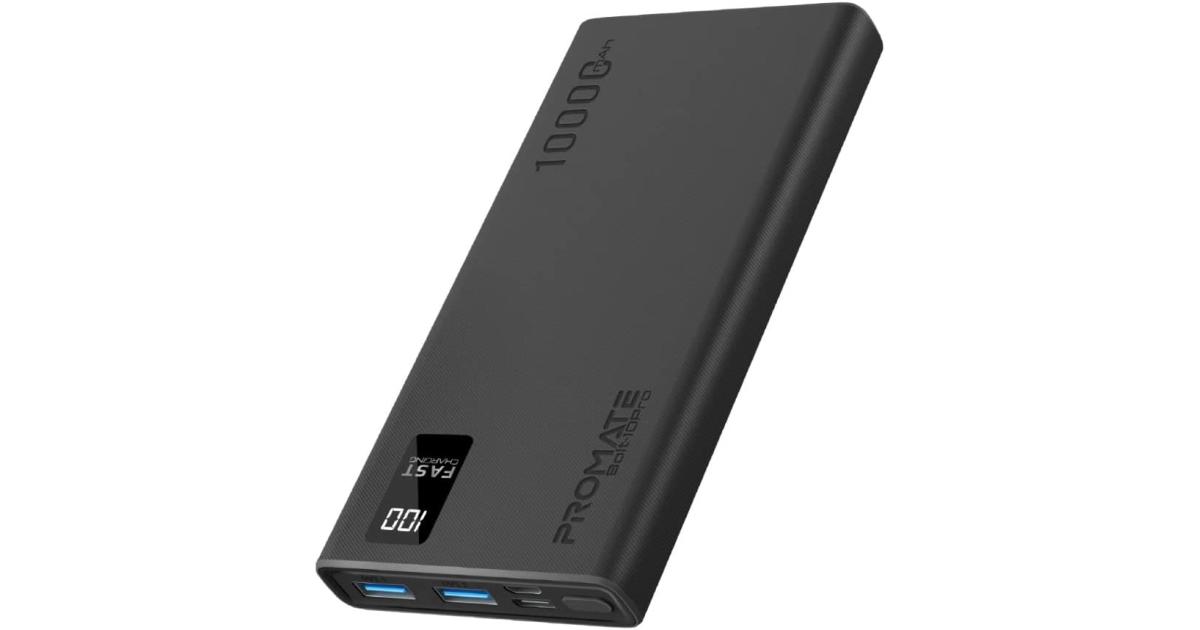 باور بنك (شاحن متنقل) Promate Bolt-10Pro Super-Slim 10000mAh 10W USB-C, LED Battery Display and Over Charge Protection -Black