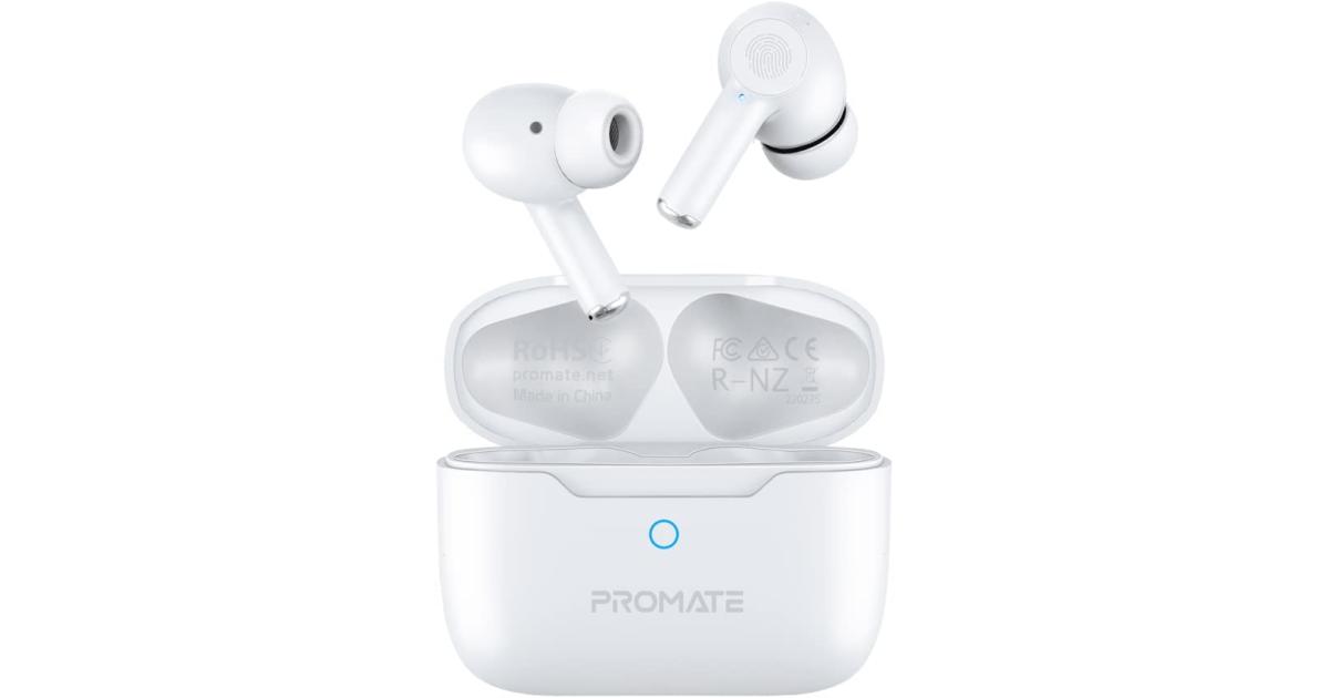 Promate ProPods True Wireless In-Ear Active Noise Cancelling Bluetooth v5.3 w/ Mic 25H Playback Time & Charging Case - White