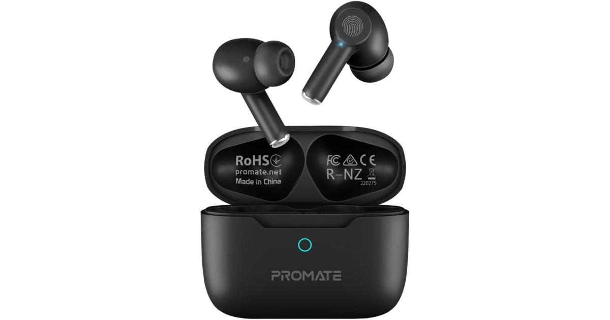 Promate ProPods True Wireless In-Ear Active Noise Cancelling Bluetooth v5.3 w/ Mic 25H Playback Time & Charging Case - Black