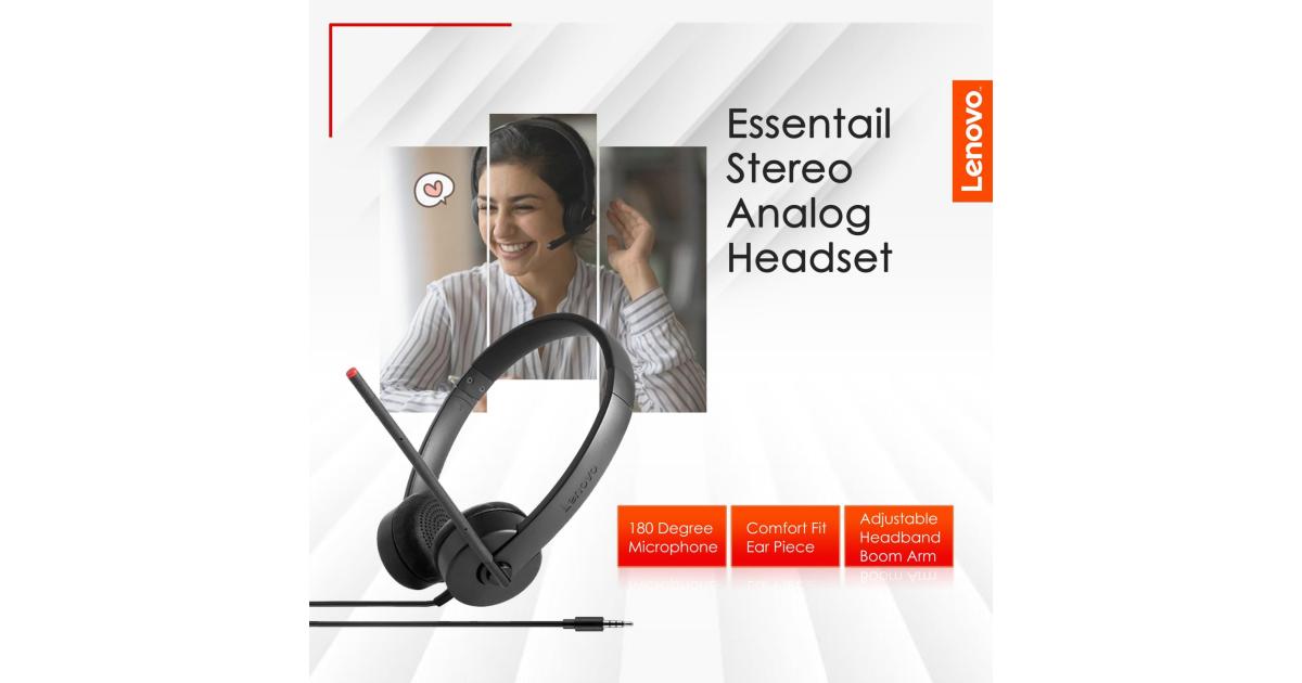 سماعة رأس Lenovo Essential Stereo Analog , VOIP, 180 Degree Microphone, Fits standard 3.5mm port with your laptop or workstation, Comfort fit ear piece