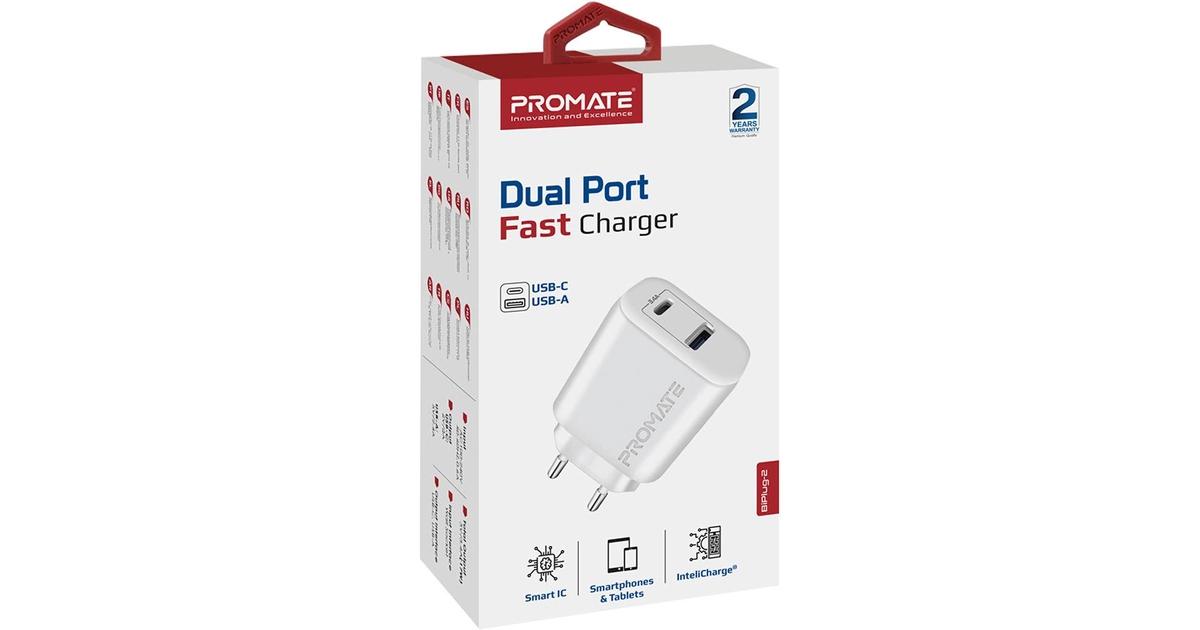 شاحن حائط Promate BiPlug-2 USB-C Adapter Universal 17W Multi-Port with 5V/3A Type-C Port & 5V/2.4A USB-A Port EU Outlet - White