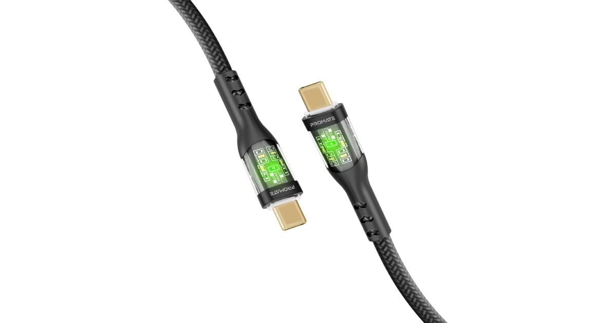 Promate TransLine-CC USB-C to USB-C Cable 60W Power Delivery Transparent Shells 120cm Nylon Braided Cord- White