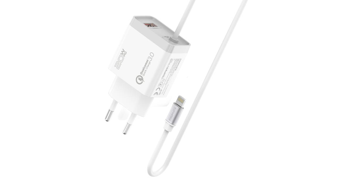 شاحن حائط Promate iCharge-PDQC3 Fast Charging 20W Power Delivery with 1.5m Lightning Cable, Quick Charge 3.0 Port EU Outlet, White
