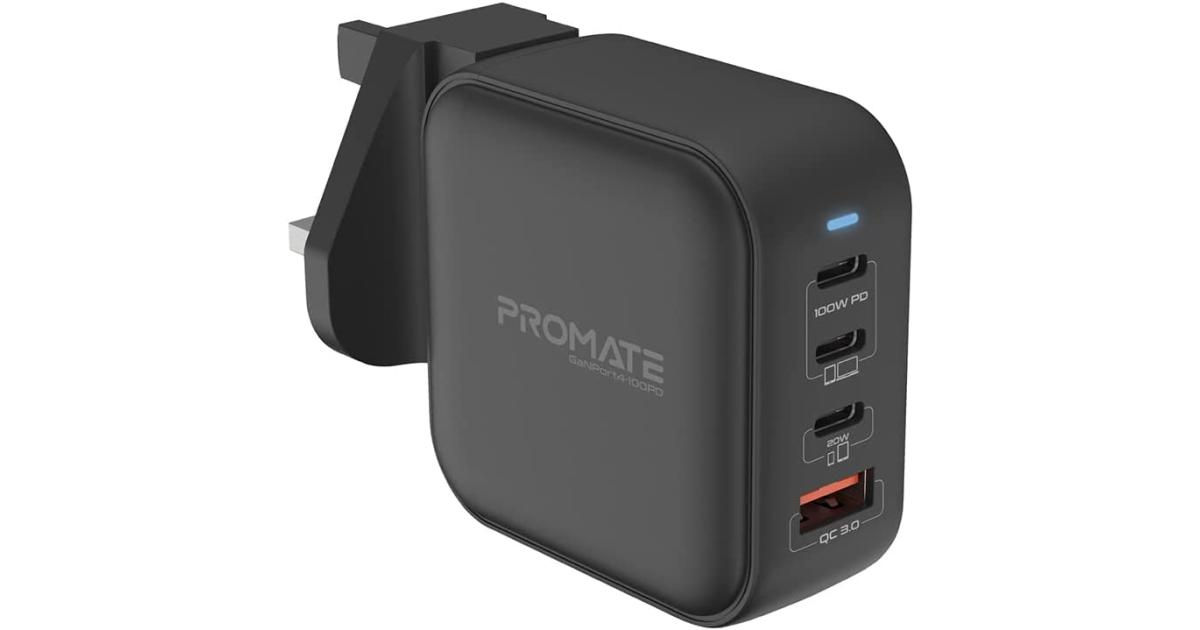 لابتوب Promate GaNPort4-100PD USB-C Charger 100W , Smartphone charger, Power Delivery GaNFast™ Charger with Quick Charge 3.0