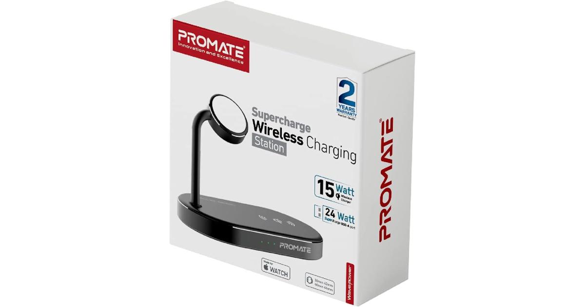 شاحن لاسلكي Promate WavePower Aluminum Stand Multi-Device Charging w/ Qi-Certified 15W Fast Charging & 24W SuperCharge USB Port