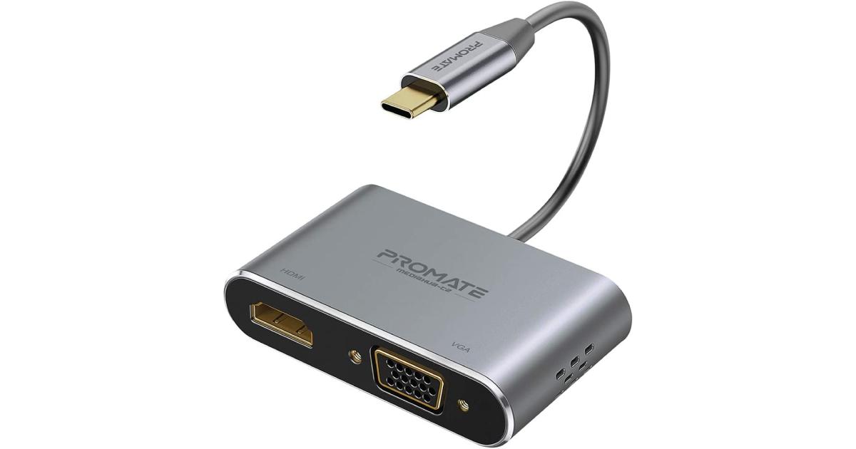 Promate MediaHub-C2 USB-C to VGA & HDMI Adapter Aluminium HDMI Converter 4K & 1080 VGA Dual Screen Display