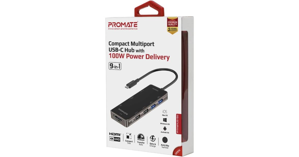 لابتوب آبل MacBook Air Promate USB-C Hub, 9-In-1 USB Type-C Adapter with 1000Mbps RJ45 Ethernet, 100W USB-C Power Delivery, 4K HDMI, 4 USB Ports, and TF/SD Card Slot for MacBook Pro, , XPS, Chromebook,PrimeHub-Go