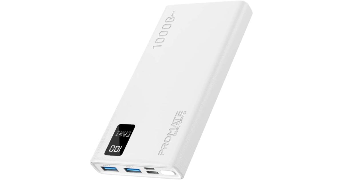 باور بنك (شاحن متنقل) Promate Bolt-10Pro 10000mAh Ultra-Slim 10W USB-C Input/Output Dual USB LED Screen Over-Heating Protection - White