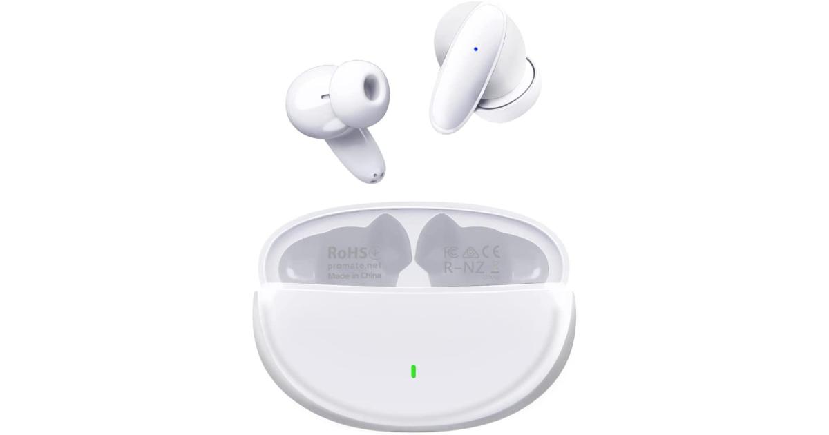 Promate True Wireless Earbuds Bluetooth v5.1 w/ Mic IPX5 Water Resistance 20H Playback Time - White