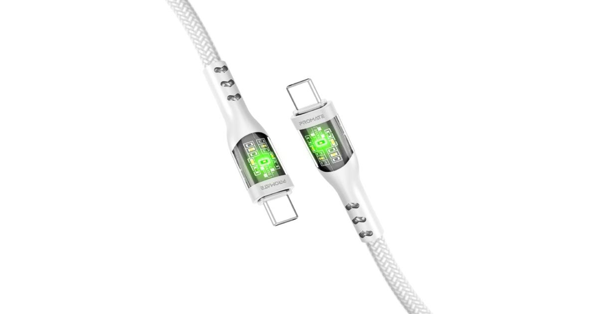 Promate TransLine-CC USB-C to USB-C Cable 60W Power Delivery Transparent Shells 120cm Nylon Braided Cord - White
