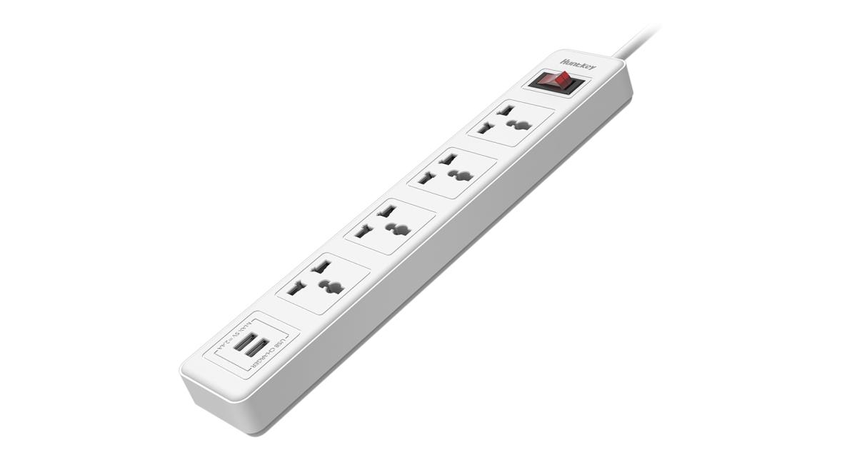 Huntkey SSZ507 Universal Power Strip 4x Outlet + 2x USB Charging Ports AC 220-240V Surge Protector 3M - White