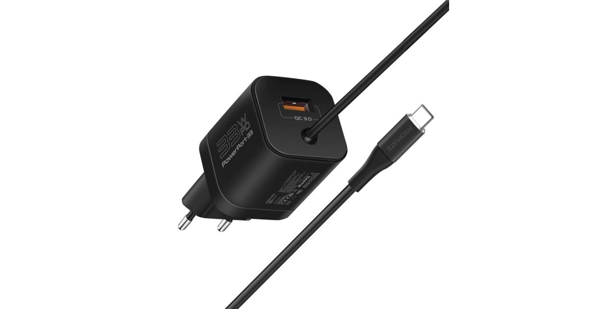 شاحن Promate PowerPort-PDQC3 USB-C Premium 33W with 22.5W Quick Charge 3.0 Port & 1.5M Type-C Cable EU Interface - Black