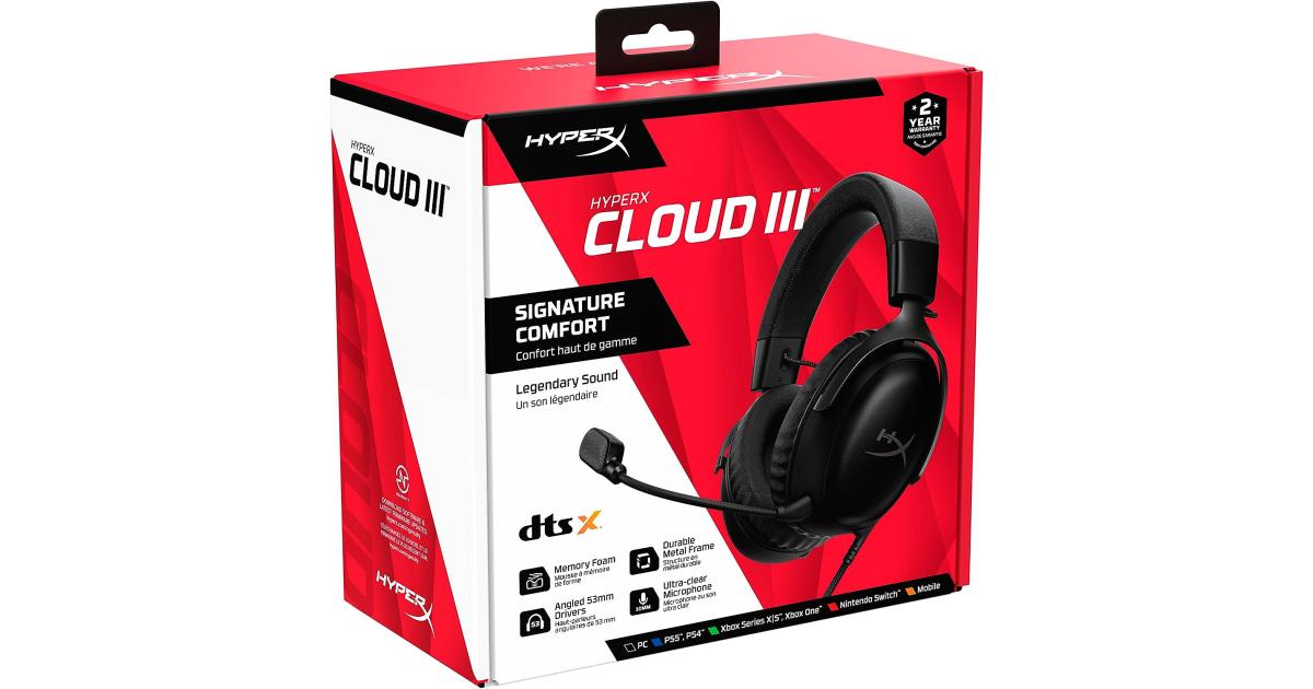 HyperX Cloud III Wired Angled 53mm Drivers DTS Memory Foam Durable Frame Ultra-Clear 10mm Mic USB-C & USB-A 3.5mm For PC, PS5, Xbox Series X|S - Black