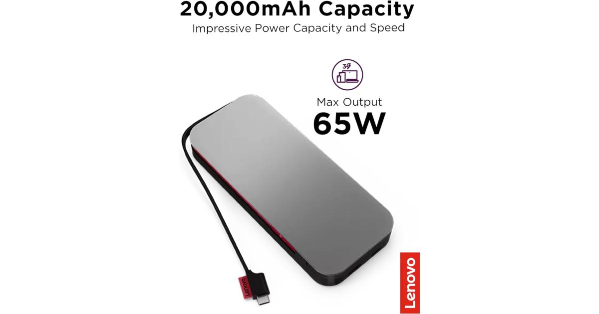 لابتوب Lenovo Go USB-C Power Bank 20000 mAh 65W USB-C & USB-A Ports Fast Charging Portable Power Station with Integrated Cable - Storm Grey