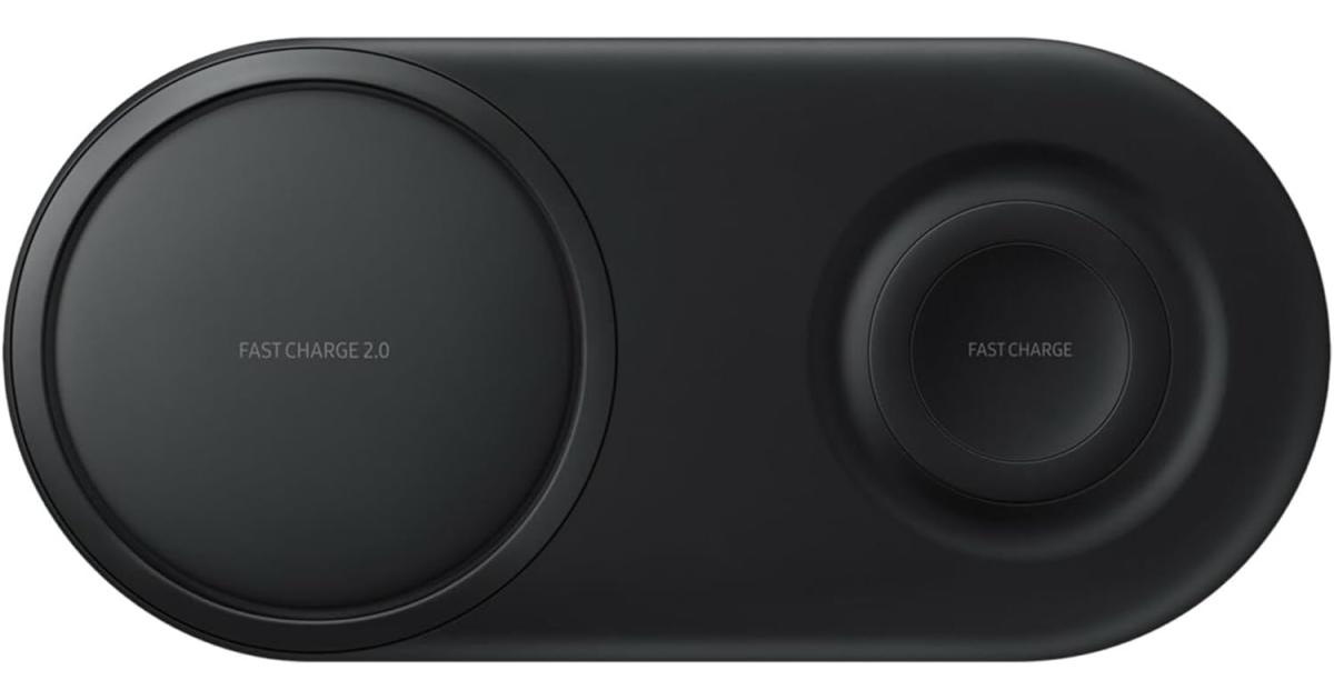 شاحن لاسلكي Samsung DUO Pad, up to 25W with Fast Charge 2.0 Qi compatible, Charge wearable devices like Phones & buds & smart watch, 2 devices at once - Black