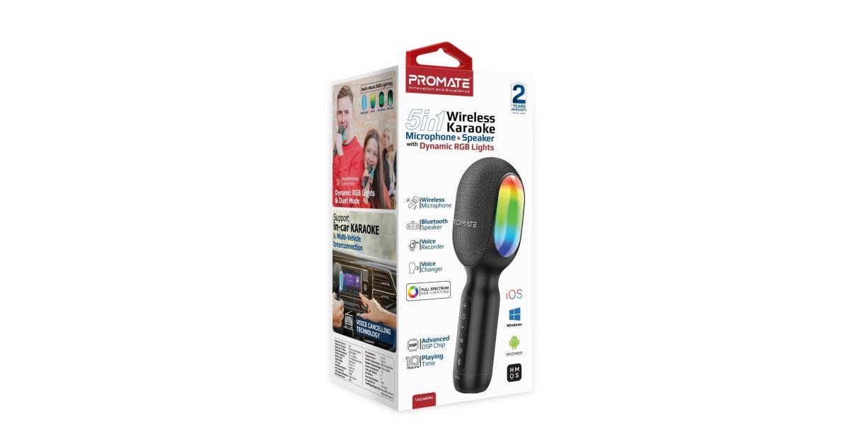 Promate VocalMic 5-in-1 Wireless Bluetooth Karaoke Microphone & Speaker With Dynamic RGB Lights Compatible With iOS, Android, Windows- Black