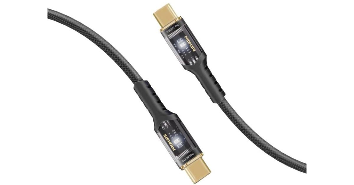 Promate USB-C™ to USB-C™ Cable, Fast-Charging 100W Power Delivery with Transparent Tips, LED, 480Mbps Data Sync, 120cm Nylon Braided Cord for Smartphones, Laptops