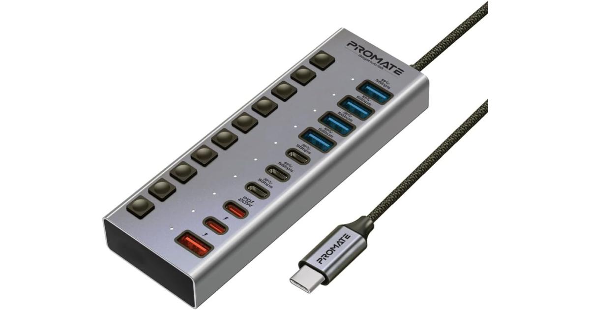 Promate GegaHub-5G 10 in 1 USB-C Multiport Hub, 3 USB-C and 4 USB-A Ports with 5Gbps Data Transfer, Fast Charging USB-C and USB-A Ports, 20W USB-C PD Port with Individual Power Switches and Plug & Play