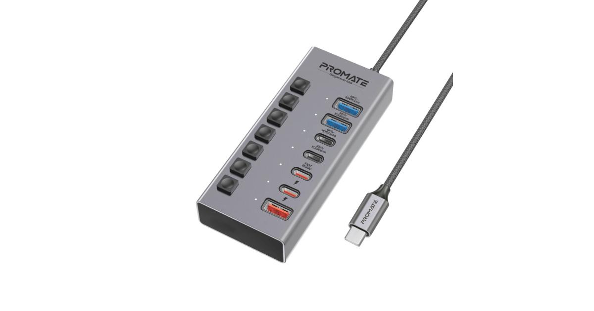 Promate GegaHub-10G 7-in-1 USB-C Multiport Hub, Dual USB-C and USB-A Ports with 10Gbps Data Transfer, Fast Charging USB-C and USB-A Ports, 20W USB-C PD Port, Individual Power Switch and Plug Play