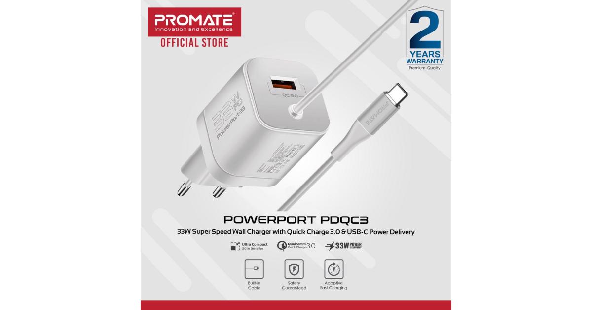 Promate PowerPort-PDQC3 USB-C Charger Premium 33W with 22.5W Quick Charge 3.0 Port & 1.5M Type-C Cable EU Interface - White