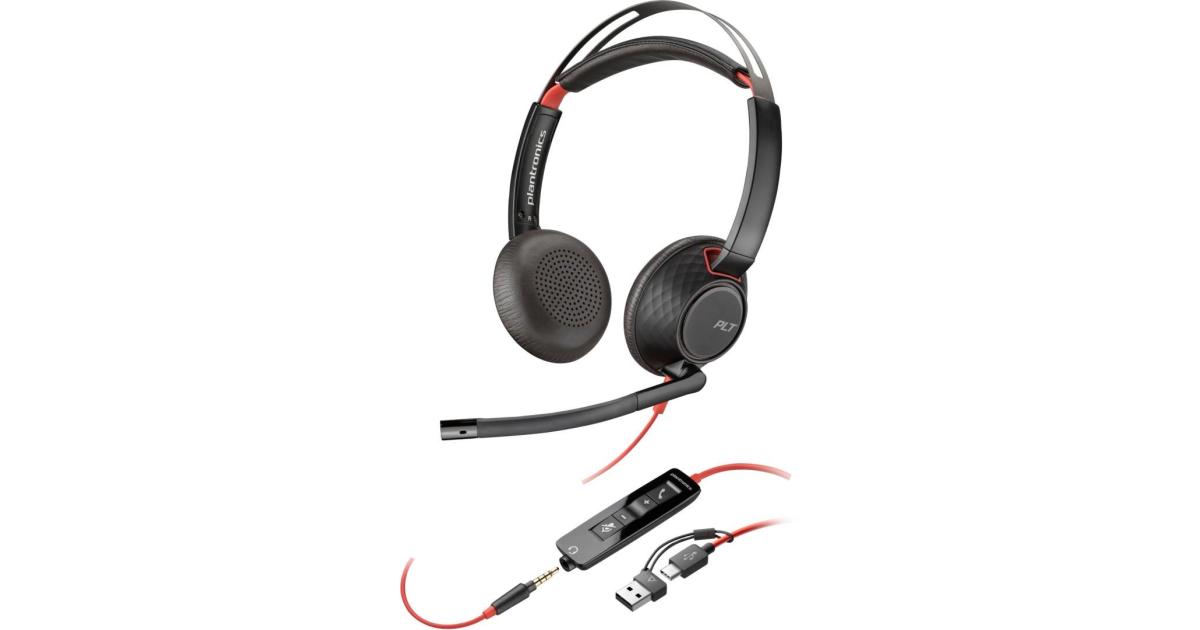 سماعة رأس Poly Blackwire 5220 Stereo 32mm Driver Size Omnidirectional Microphone Style, 3.5mm Plug + USB-C & USB-A Adapter Connectivity, Black