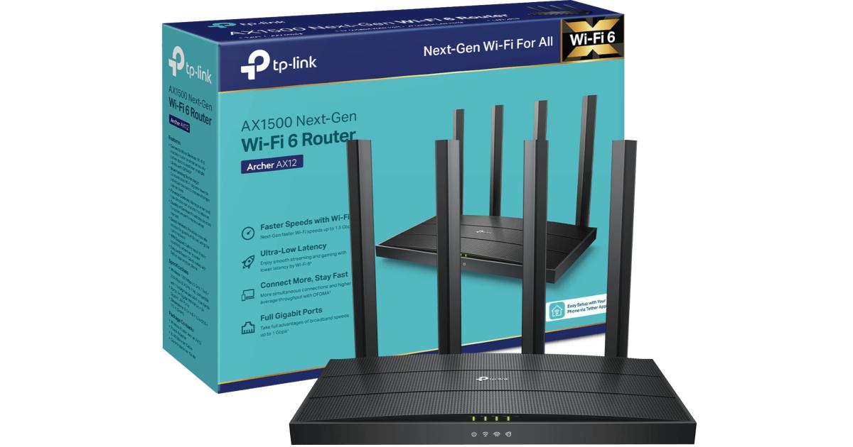 راوتر Wi-Fi 6 TP-Link Archer AX12 AX1500 Router, Dual-Band 5GHz & 2.4GHz Network, Up to 1000 Mbps Internet Access, WPA3 Security, 1201 Mbps (5GHz) + 300 Mbps (2.4GHz) - Black