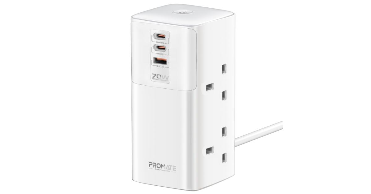 Promate Power Tower 70W multi-port Charging Station dual PD70W USB-C ports, a 30W QC 3.0 port and four universal 2500W Charging Station with Quad AC Sockets