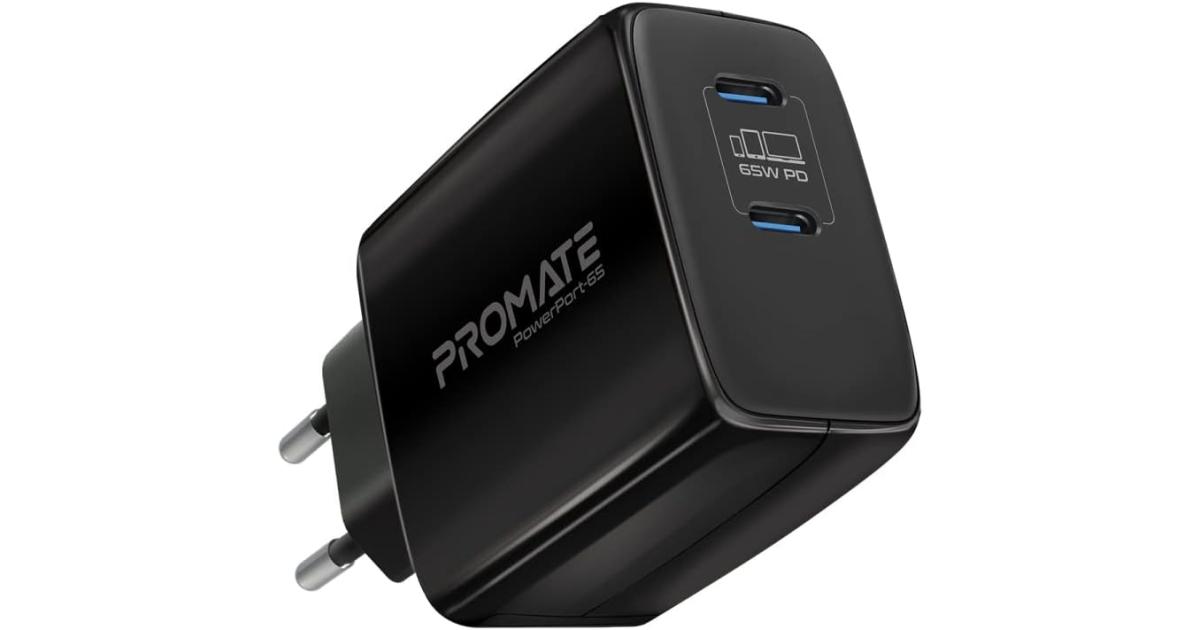 Promate PowerPort-65 65W USB-C Universal Powerful GaN Tech Fast Chargerw/ 2 Type-C Port Adaptive Charging & Over-Charging Protection