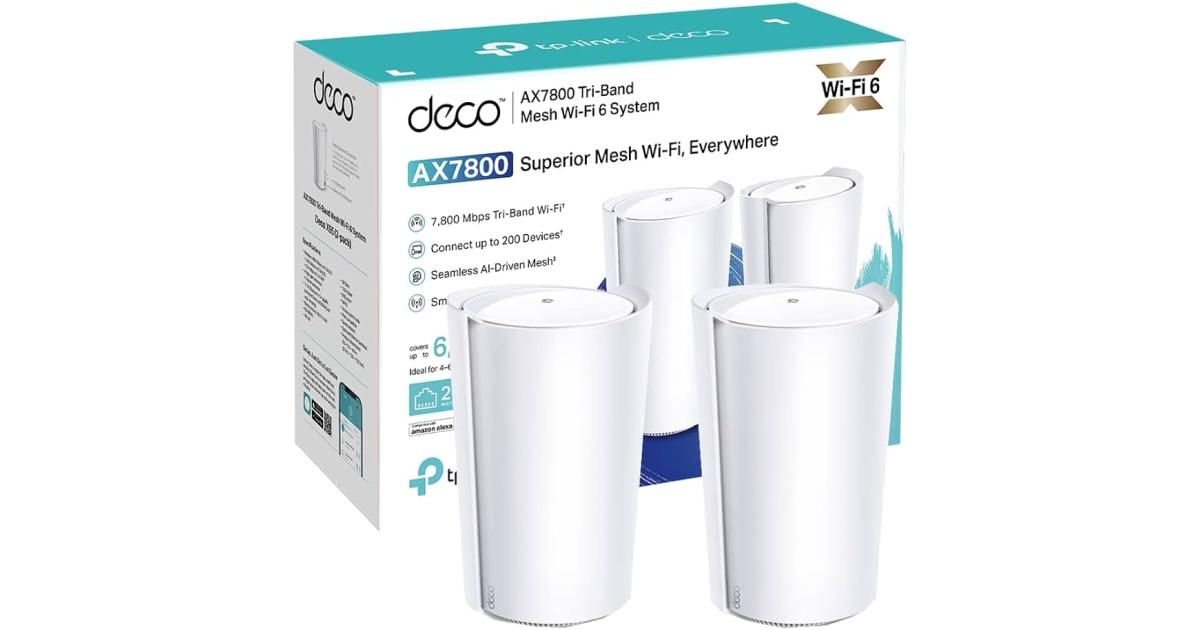 TP-Link Deco X95 AX7800 Tri-Band Mesh WiFi 6 System Coverage up to 6100 Sq.Ft with AI-Driven Smart Antennas, Multi-Gig Ethernet (2-Pack)