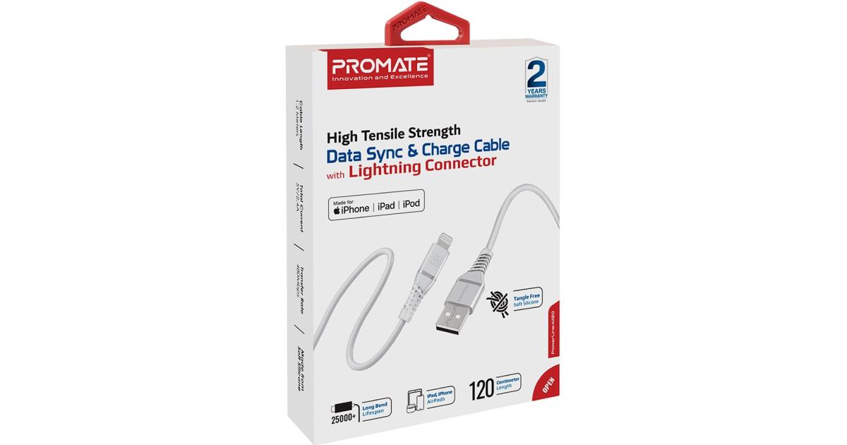 Promate USB-A to Lightning Cable High Tensile 2.4A Super-Fast USB-A to Lightning Charger 120 cm Anti-Tangle Silicone - White