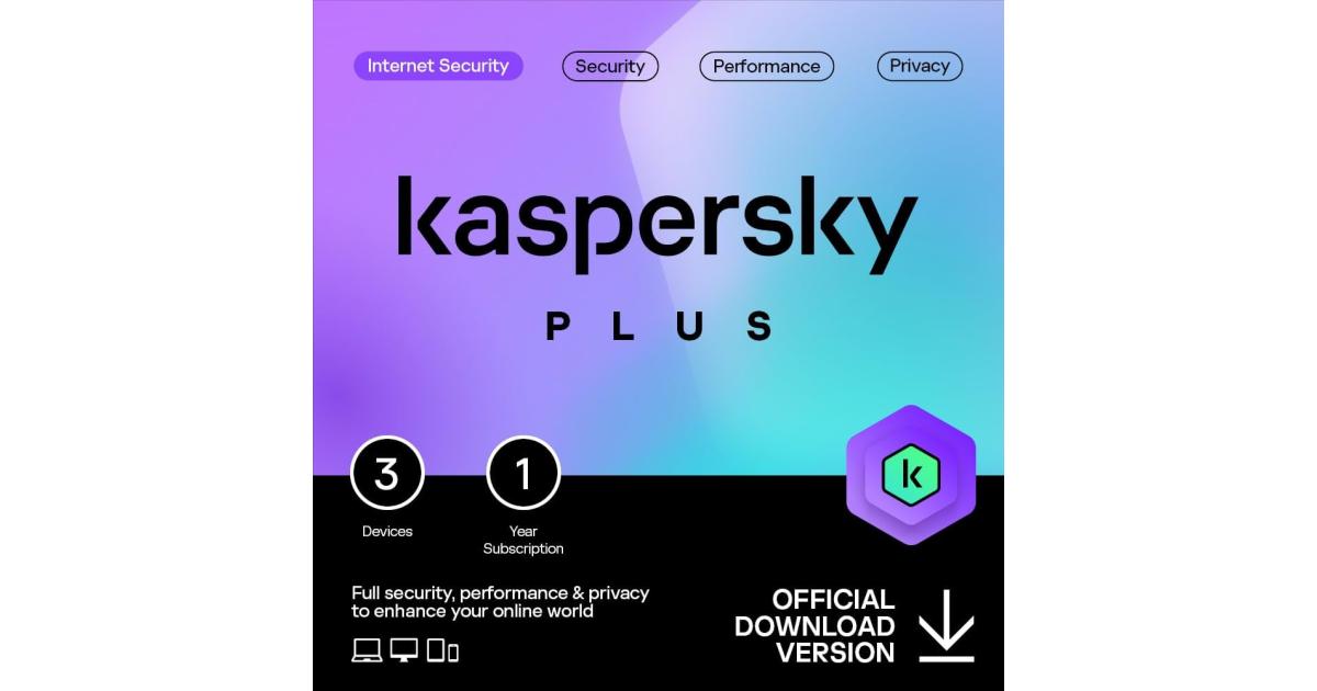 KASPERSKY Plus Internet Security Anti-Phishing & Firewall Unlimited VPN Password Manager Online Banking Protection PC/Mac/Mobile For 5 Devices 1 Year