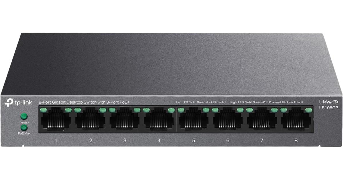 TP-Link LS108GP 8 Port PoE Gigabit Ethernet Switch 62W Extend Mode PoE Auto Recovery Desktop/Wall Mount Silent Operation