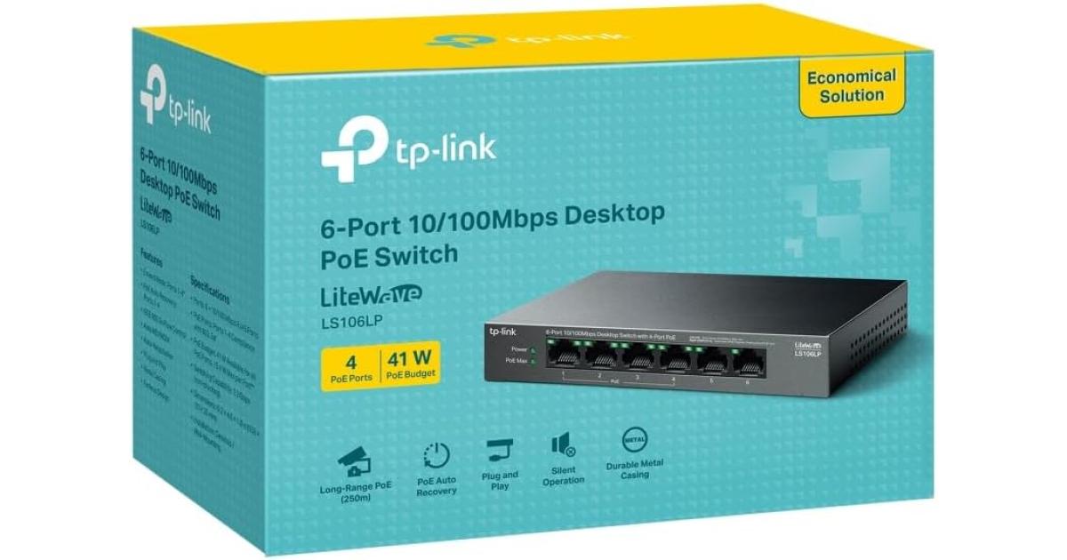 TP-Link LS106LP 6-Port 10/100Mbps Ethernet Switch with 4-Port PoE 41 W PoE Budget PoE Auto Recovery Metal Casing