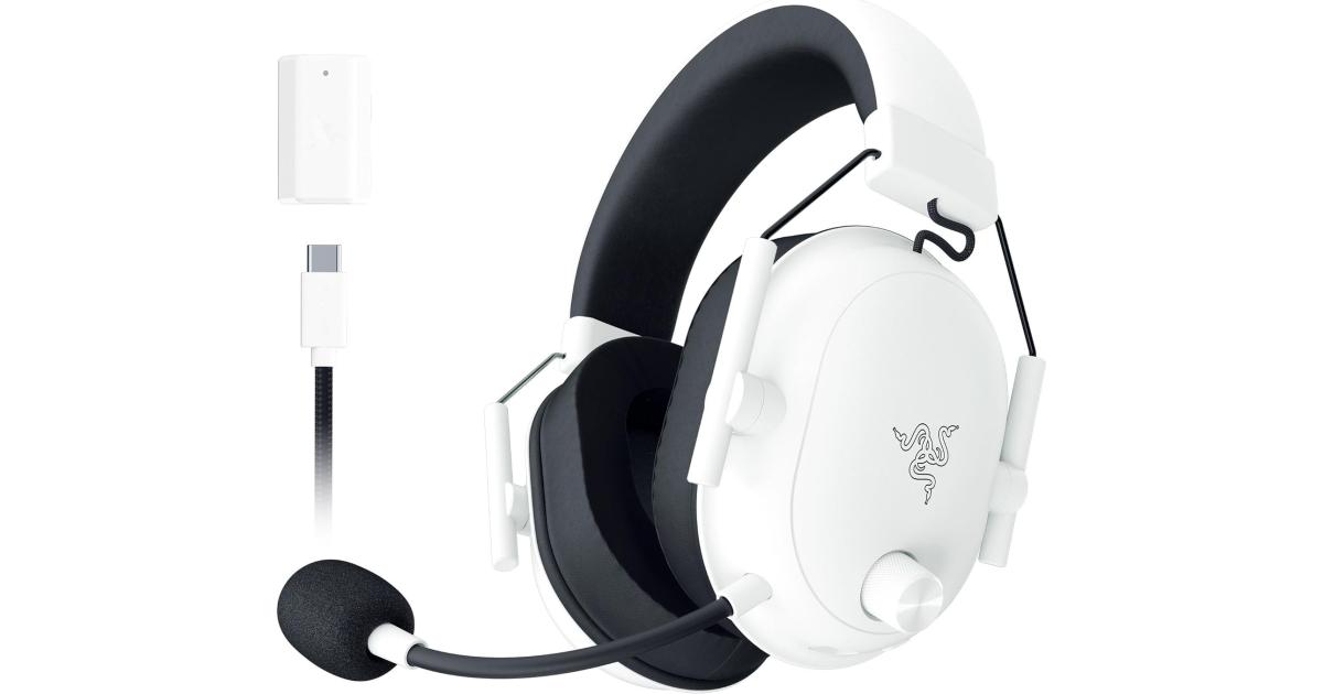 Razer BlackShark V2 HyperSpeed Wireless/Bluetooth/USB Lightweight THX Spatial Audio Bendable Mic 50mm Drivers 70 Hr Battery w/USB Type C Charging - White