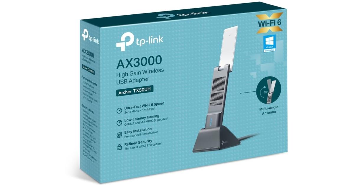Tp-Link Archer TX50UH AX3000 High Gain Wireless USB Adapter 3000Mbps Dual Band WiFi 6 High Gain Antennas & Beamforming USB 3.0 - Black