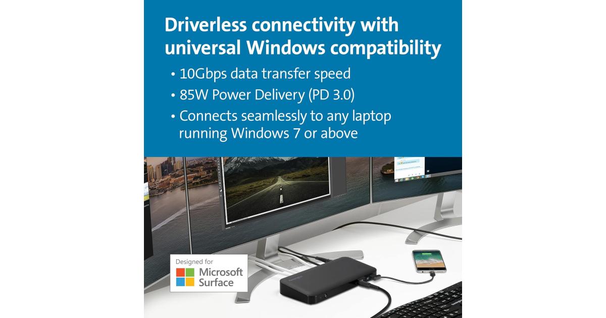 Kensington SD4845P Microsoft Surface 9-in-1 USB-C 10Gbps Support 3 Monitors Docking Station with 85W Power Delivery - Black