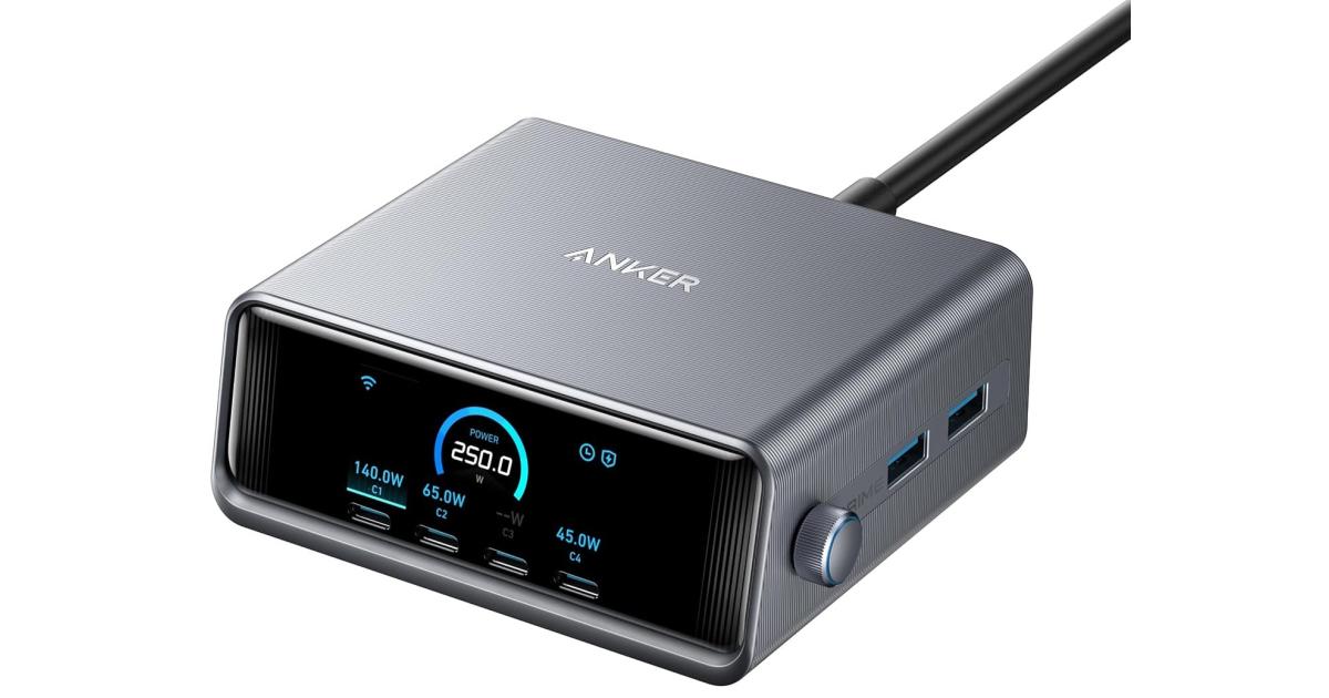 شاحن Anker Prime , 250W GaN Prime USB C Charging Station, Ultra-Fast 6-Port, 2.26" LCD Display and Smart Control Dial, Compatible with MacBook Pro/Air, iPhone 16/15/14, Galaxy, and More - Silver