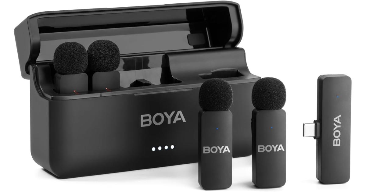BOYA BY-V4U ميكروفون لاسلكي Lavalier لهاتف iPhone 15/16 Series Type C مع حافظة شحن، مخرج أحادي 4 قنوات، ميكروفون متعدد الاتجاهات لإلغاء الضوضاء لتسجيل الفيديو