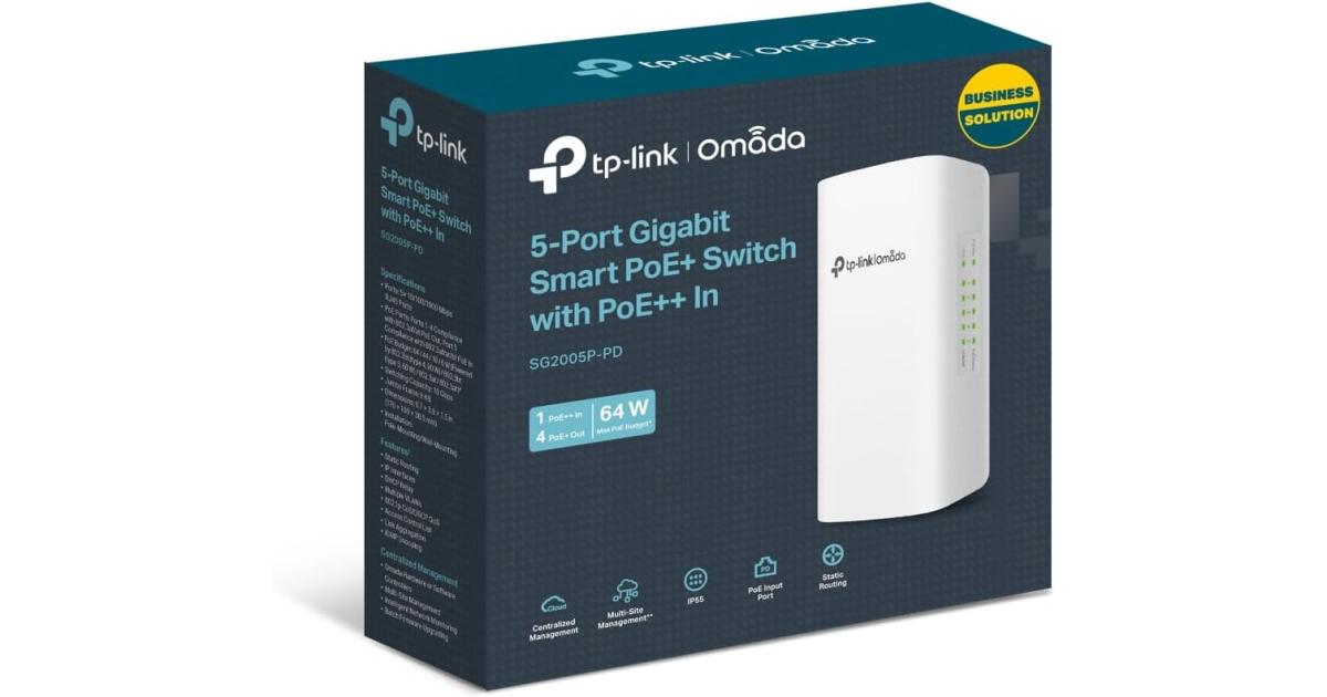 TP-Link Omada SG2005P-PD 5 Port Outdoor PoE Passthrough Gigabit Ethernet Switch | 1 PoE++ in@90W, 4 PoE+ Out Up to 64W | IP55, Static Routing, Access Control List, QoS, VLAN | PoE Powered ONLY