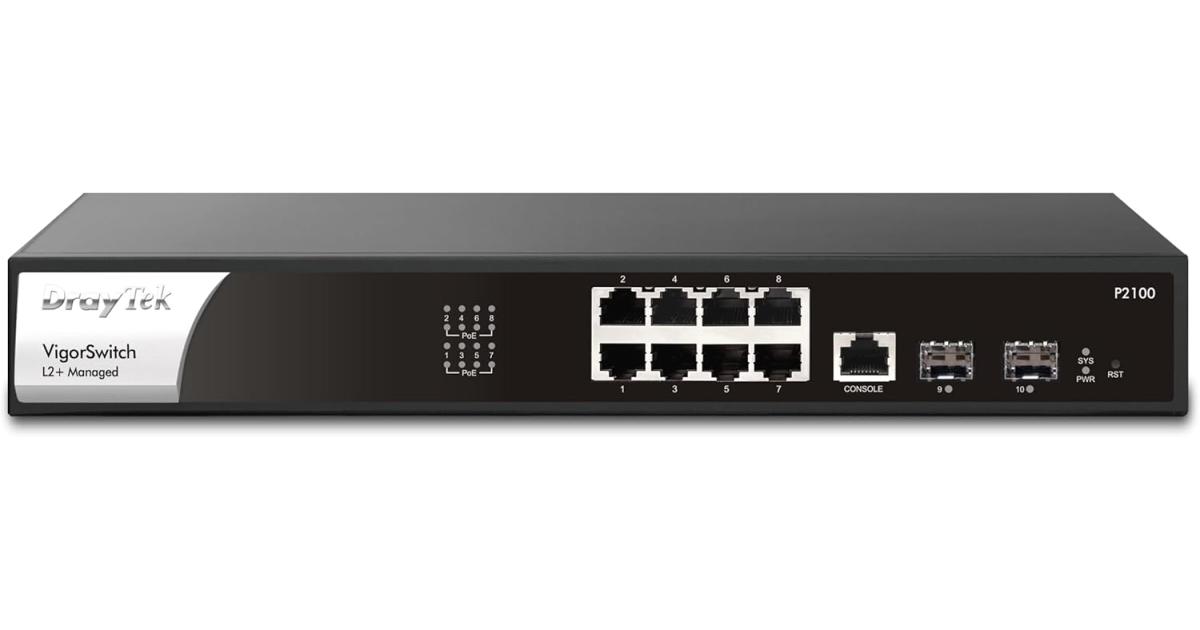 Draytek VigorSwitch P2100 8-Port Gigabit PoE Layer 2+ Managed Switch | 2 SFP Uplink Ports | Rack Mountable | Business Class