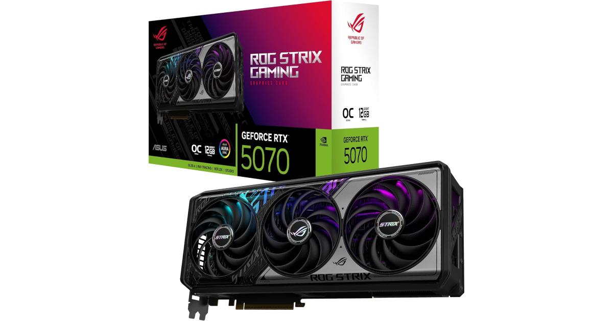 كرت شاشة ASUS ROG Strix GeForce RTX™ 5070 OC Edition 12GB GDDR7 (PCIe® 5.0, 12GB GDDR7, HDMI®/DP 2.1, 3.2-Slot, Axial-tech Fans, MaxContact Design, Phase-Change GPU Thermal pad, Aura sync)