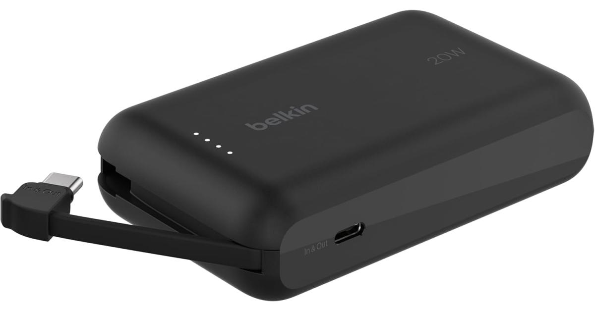 باور بنك (شاحن متنقل) Belkin BoostCharge 10000mAh, portable with integrated cable PD 20W, fast charge USB-C power delivery, fast charging for iPhone 16 series, iPad Pro, Galaxy S24 and more - Black
