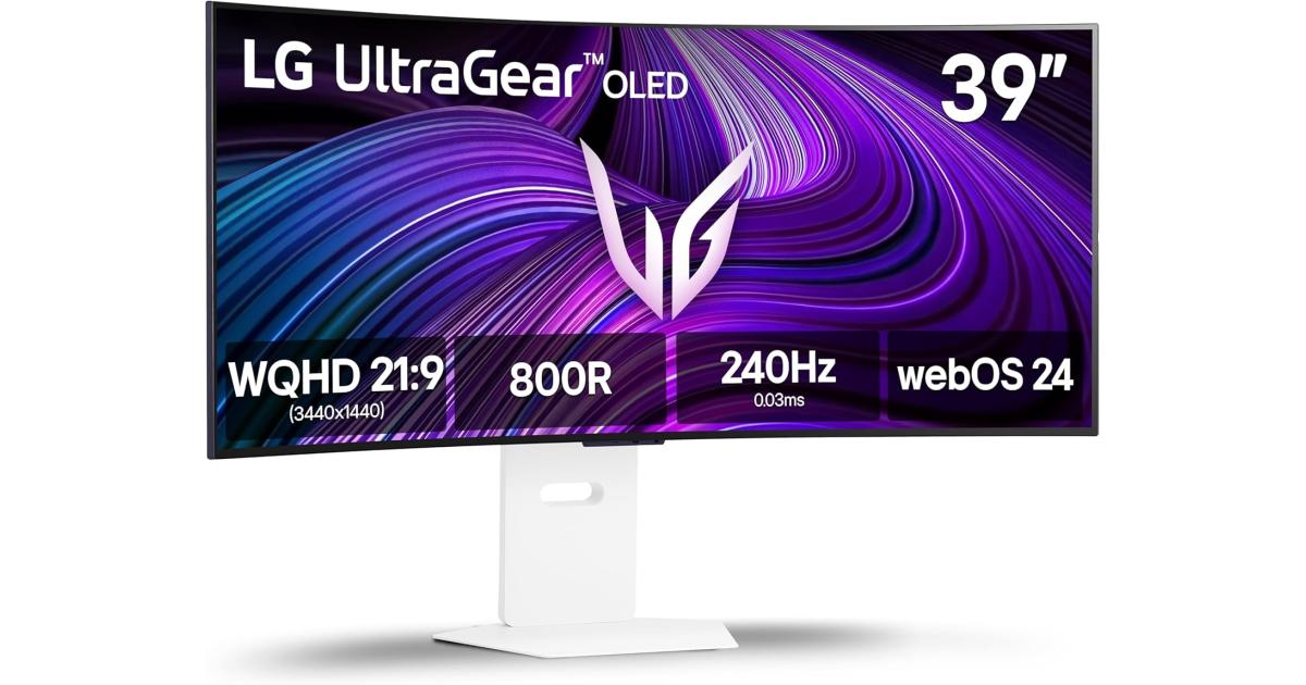 LG 39GX90SA-W UltraGear™ Smart 39” OLED Curved 800R 2K 240Hz 0.03ms HDR True Black 400 webOS 24 AI Picture & Sound G-SYNC Compatible HDMI 2.1 & USB C Adjustable Stand - White