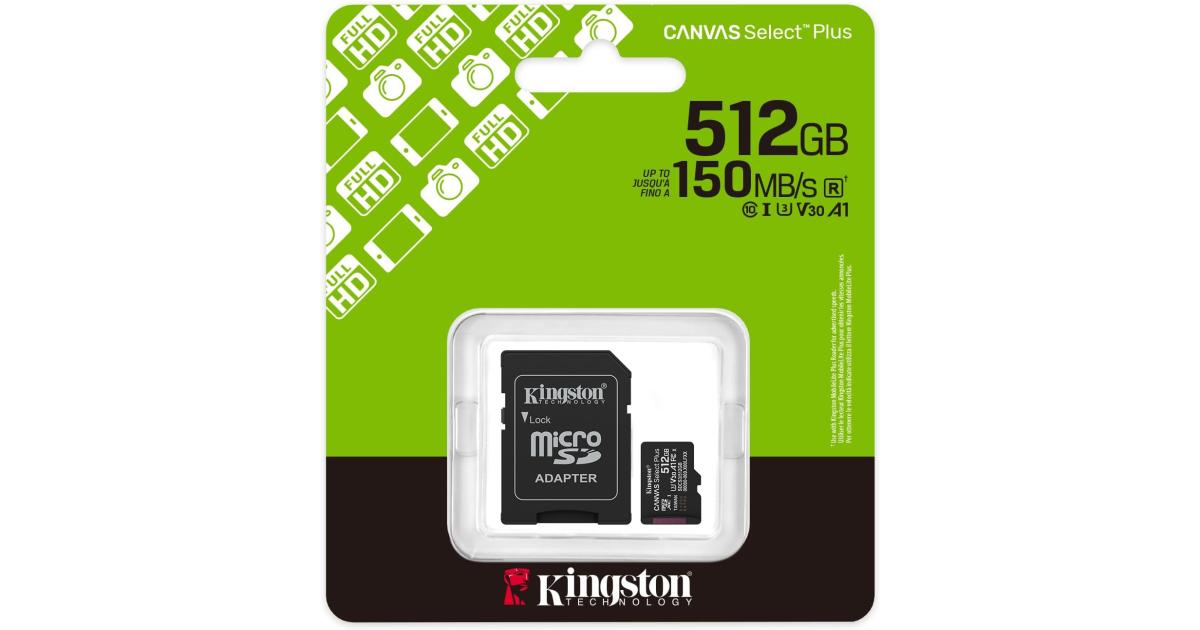 Kingston SDCS3/512GB Canvas Select Plus 512 GB microSDXC Card Up to 150MB/s A1 Class 10 UHS-I with Adapter